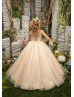 Ivory Lace Champagne Tulle Floor Length Flower Girl Dress